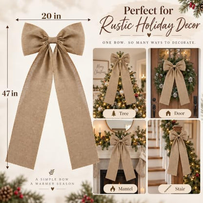Giant Burlap Christmas Tree Topper Bow - Rustic Holiday Decor