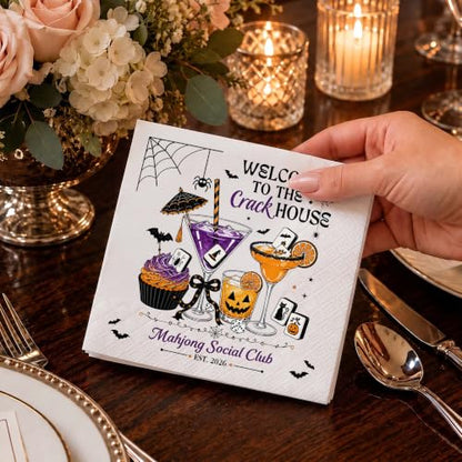 Personalized Halloween Mahjong Cocktail Napkins - Spooky Bat & Mahjong Party Decor
