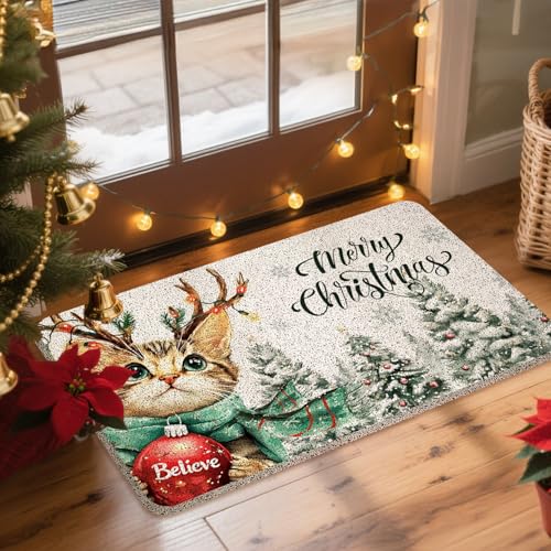 Merry Christmas Tree Cat Door Mat with Snowflake Winter Design - 17x30 Inches - Outside Entrance Welcome Mat - Indoor & Outdoor Use - Variations of THIS listing