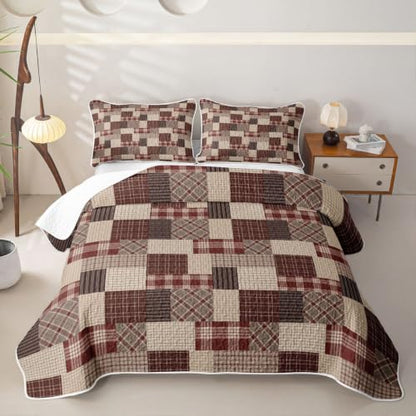 Burgundy Brown Patchwork Quilted Bedspread Set - Full Size