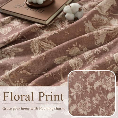 Terracotta Floral Linen Curtains 84 inches - Pack of 2, 52"W x 84"L