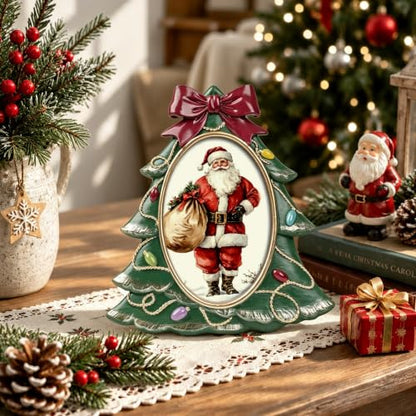 Vintage Christmas Tree Photo Frame with Bow and Light String - Green Tree Variation