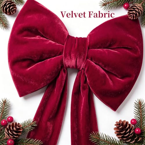 Large Velvet Christmas Tree Topper Bow - Red Burgundy Holiday Decor 60x16 In