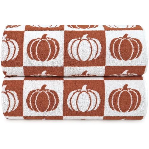 Fall Bath Towels Set of 2 - Checkered & Pumpkin Cotton 27.5 x 55 Inches - Pumpkin Variation