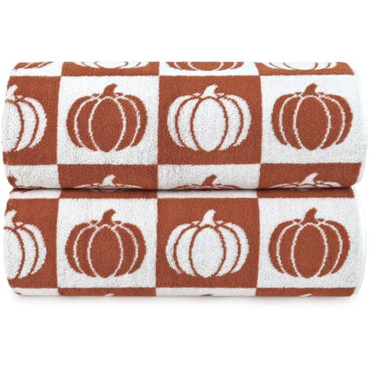 Fall Bath Towels Set of 2 - Checkered & Pumpkin Cotton 27.5 x 55 Inches - Pumpkin Variation