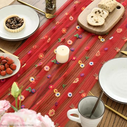 Red Embroidery Daisy Gauze Table Runner 28x120 Inch 3 Pack - Bright Home Decor