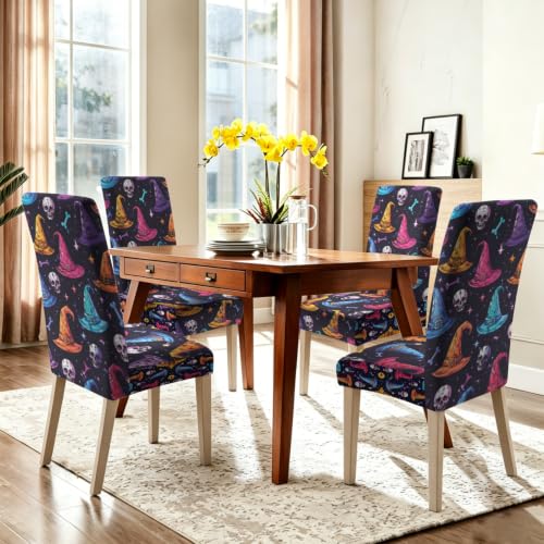 Halloween Witch Hat Chair Covers Set of 4 - Colorful Spooky Chair Slipcovers