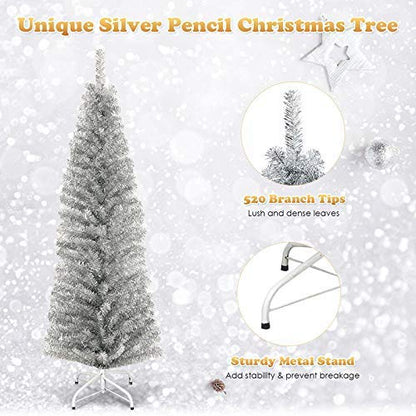 Artificial Pencil Christmas Tree, Electroplated Premium Slim Tree, Xmas Decor for Indoor and Outdoor, Suitable for Office, Store and Home (Silver, 6FT)