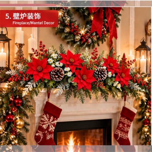 Christmas Artificial Flowers Bundle - Red & Green Poinsettia Berry Greenery - 100 Stems