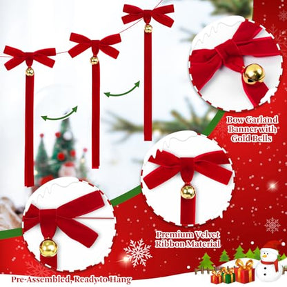 Christmas Velvet Bow Garland with Bells - Red Ribbon Holiday Decor
