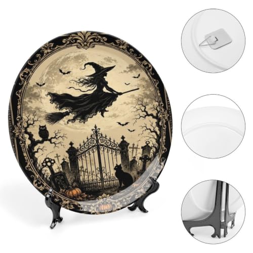 Witch Flying Over Graveyard Bone China Art Plate - 8 Inch Decorative Wall & Table Display Variation of This Listing