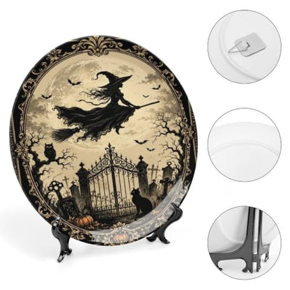 Witch Flying Over Graveyard Bone China Art Plate - 8 Inch Decorative Wall & Table Display Variation of This Listing