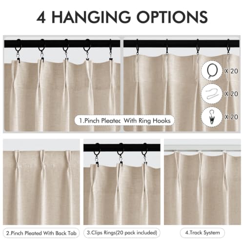 White Pinch Pleated Linen Curtains 84 Inch Long, 2 Panels - Ready to Hang