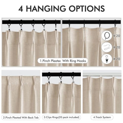 White Pinch Pleated Linen Curtains 84 Inch Long, 2 Panels - Ready to Hang