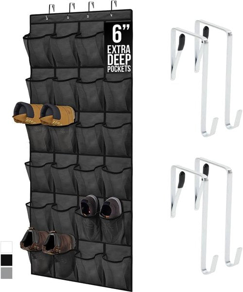 GORILLA GRIP Over The Door Shoe Organizer - 24 Extra Large Breathable Mesh Pockets | Space-Saving Storage in Black