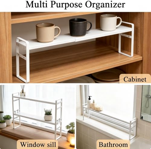 Expandable White Window Sill Plant Shelf - Narrow Adjustable Kitchen & Bathroom Organizer, Stackable Shelves