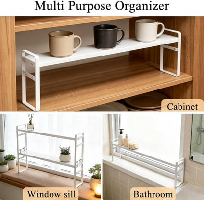 Expandable White Window Sill Plant Shelf - Narrow Adjustable Kitchen & Bathroom Organizer, Stackable Shelves