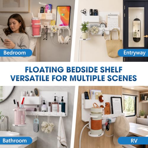 No Drill White Floating Wall Shelf with Organizer for Phones & Tablets