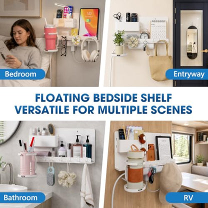 No Drill White Floating Wall Shelf with Organizer for Phones & Tablets