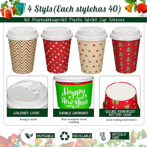 Zhehao 160 Sets/ 480 Pcs Disposable Coffee Cups Christmas Paper Cups with Lids and Sleeves for Cold Drink Tea Hot Cocoa Chocolate Holiday Xmas Party Supplies, 4 Designs (Pretty Style, 16 oz)