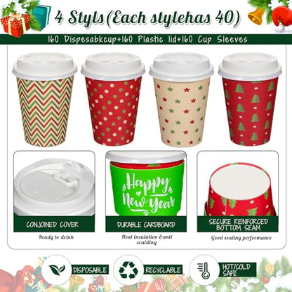 Zhehao 160 Sets/ 480 Pcs Disposable Coffee Cups Christmas Paper Cups with Lids and Sleeves for Cold Drink Tea Hot Cocoa Chocolate Holiday Xmas Party Supplies, 4 Designs (Pretty Style, 16 oz)