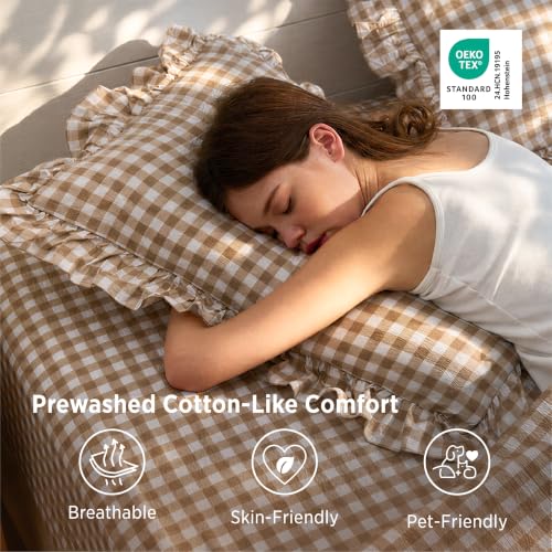 Bedsure Queen Size Gingham Bed Sheet Set with Ruffled Edges - Brown Farmhouse Style, 4 Piece