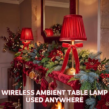 Red Christmas Cordless Table Lamp with Velvet Finish - Rechargeable, Dimmable, Portable Decor - 2 Pack