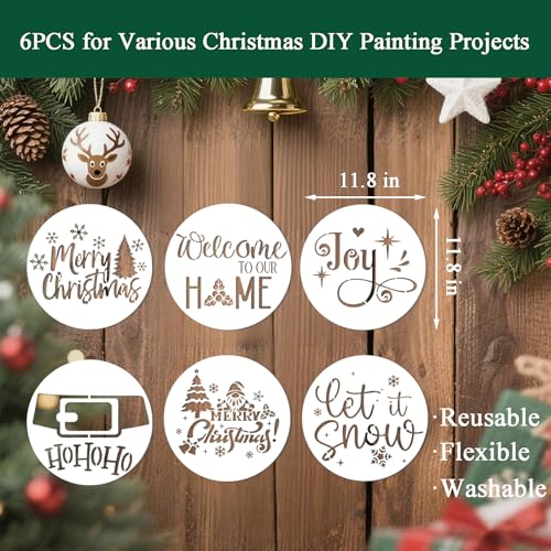 Round Christmas Stencils Set - 6pcs 12-Inch Holiday Decor Templates with Festive Phrases & Designs