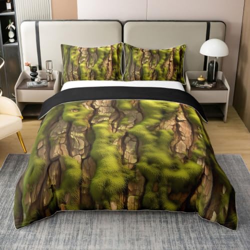 Tree Bark Duvet Cover Set Twin Size Cotton Woodland Bedding - Green Yellow Variation