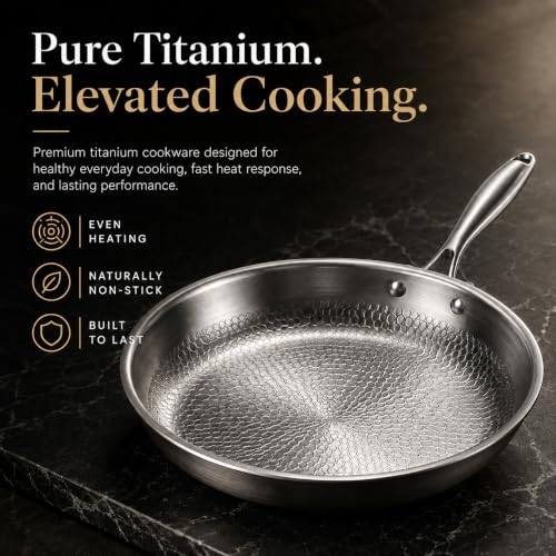 8 Inch Titanium Frying Pan with Lid & Spatula - Uncoated Hammered Scratch-Resistant Skillet for Induction & Oven Cooking - Variation of 8in