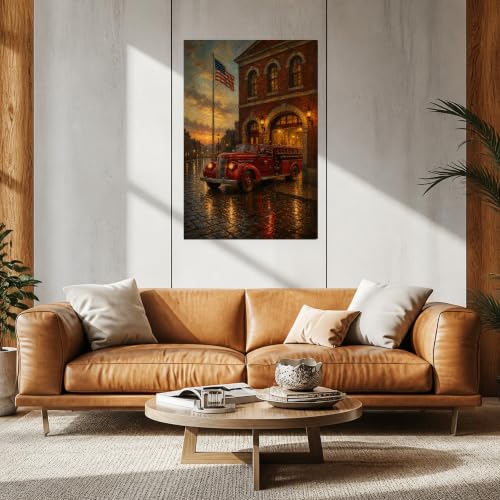 Vintage Fire Station Patriot Wall Art Canvas - American Flag Oil Painting, 20x30 Inches