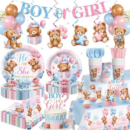 Brown Bear Gender Reveal Decorations Tableware Set - 205pcs for 25 Guests