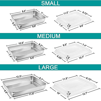 P&P CHEF Stainless Steel Baking Pan Set, Rectangle Cake Pan with Lid, 12.3/10.5/9.4Inch Toaster Oven Pan for Lasagna/Cake/Brownie/Vegetables, Healthy & Dishwasher Safe, Durable & Heavy Duty