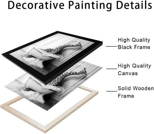 Funny Giraffe in Bathtub Canvas Wall Art - Black and White Bathroom Decor | Framed Farmhouse Style