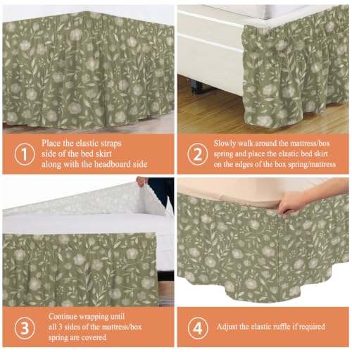 King Size Bed Skirt 16 Inch Drop - Sage Green Rustic Wildflowers Wrap Around Bedding