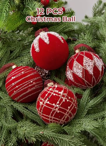 Velvet Christmas Ornament Balls Set - 12 Glitter Flocked Holiday Decorations