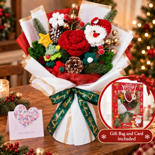 Christmas Crochet Flower Bouquet with Santa Decoration - Handmade Holiday Decor