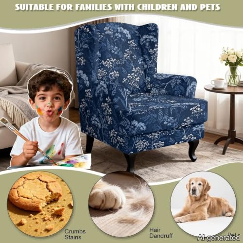 Blue Flower Leaves Wild Botanical Wingback Chair Slipcover 2-Piece Washable Furniture Protector