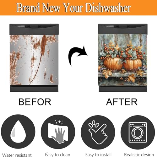 Autumn Harvest Pumpkins Magnetic Dishwasher Door Cover - 23 x 26 Inches, Fall Red Fruits Design