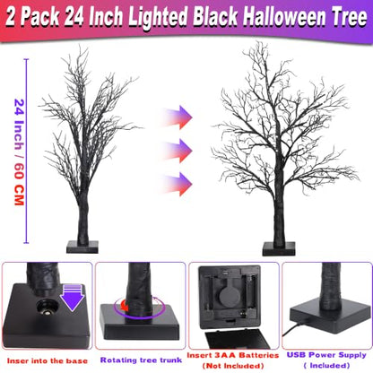 Halloween Lighted Black Tree Set A - 2 Pack 24 Inch Spooky Indoor Decorations with Orange & Purple Lights