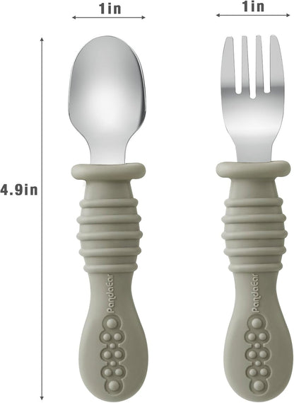 PandaEar Toddler Fork and Spoon Utensil Set - BPA-Free Silicone & Stainless Steel | 6 Pack in Walnut, Linen & Brown