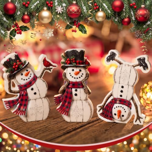 Christmas Snowman Centerpiece Set - Rustic Wooden Holiday Decor, 3 Pieces