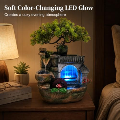 Indoor Tabletop Water Fountain with LED Lights - 11.8 Inch Relaxing Desk Decor