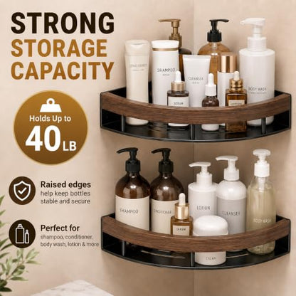Corner Shower Shelf Walnut Wood & Stainless Steel Caddy - No-Drill Wall Mount