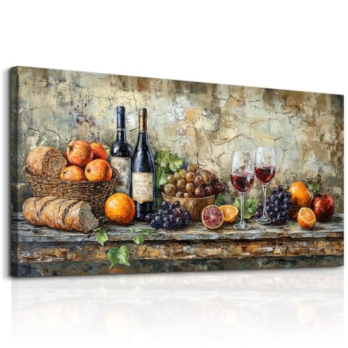 Retro Still Life Wine Painting Wall Art - 60x30 Inches Canvas Decor