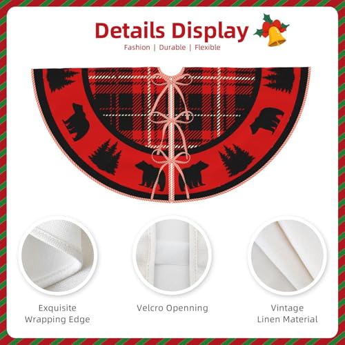 Faux Linen Christmas Tree Skirt Black Bear Red & Black Cabin Plaid 48" - Rustic Holiday Decor
