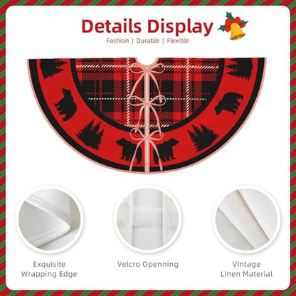 Faux Linen Christmas Tree Skirt Black Bear Red & Black Cabin Plaid 48" - Rustic Holiday Decor