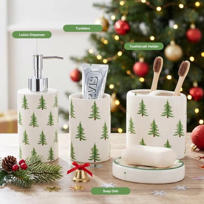 Christmas Bathroom Accessories Set - 4-Piece Ceramic Holiday Bathroom Decor