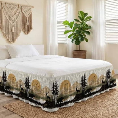 Queen Size Bear Deer Mountain Bed Skirt 16-Inch Drop Rustic Black Brown