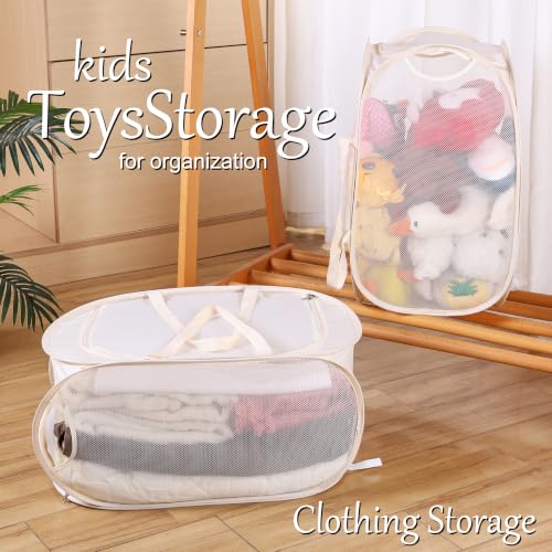 Beige Collapsible Laundry Hamper with Lid & Shoulder Straps - Portable Storage Basket